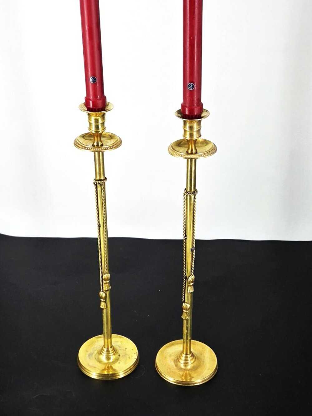 Pair of VTG 16" Tall Graceful Brass Candlesticks Elegant Tassels w/Cords India